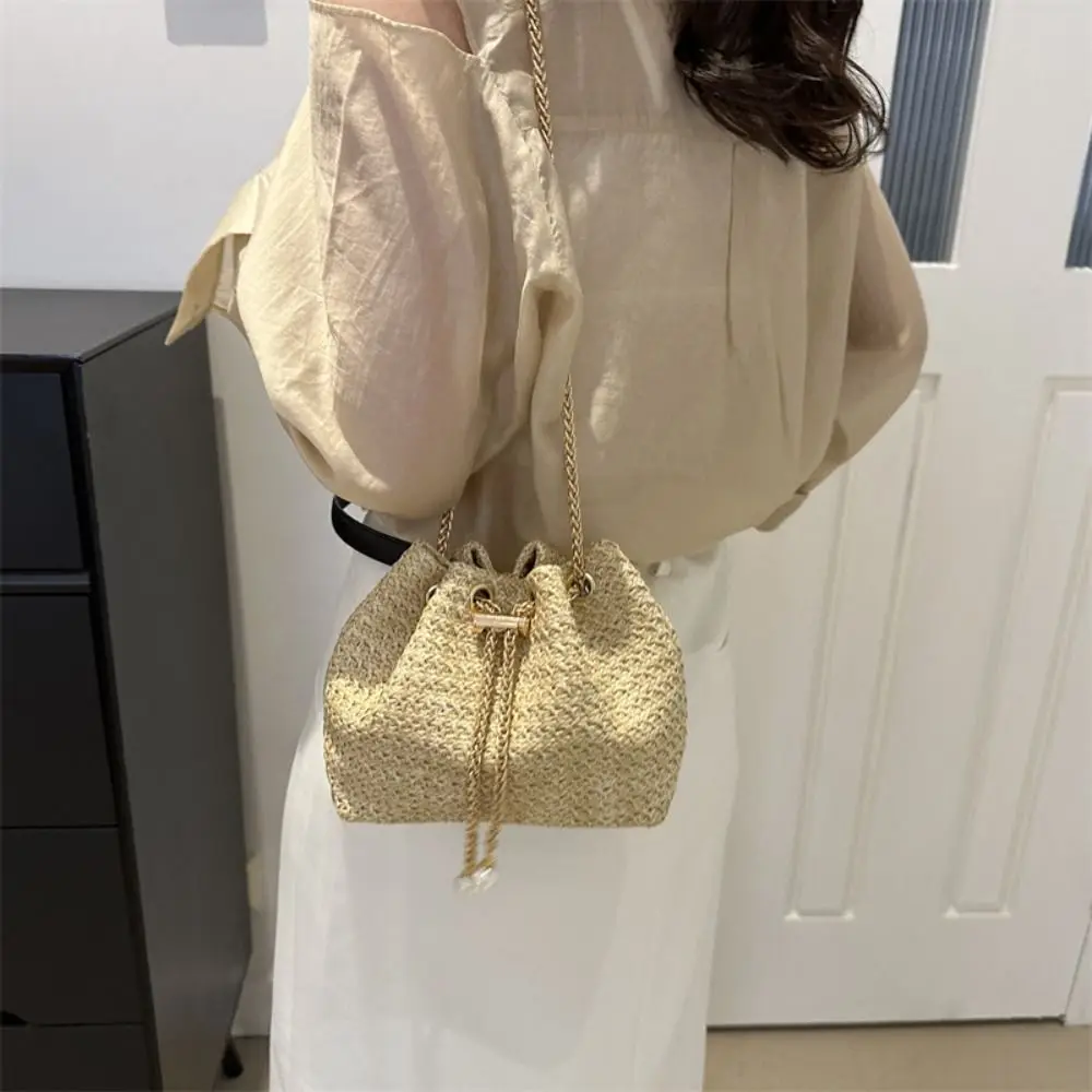 Bolso de mano de paja tejido con cordón para mujer y niña, bolsa de hombro cómoda de gran capacidad, elegante y a la moda