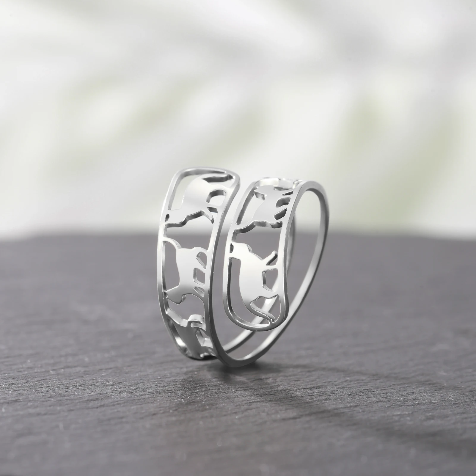 Cat Walking Stainless Steel Open Ring Walking Cat Adjustable Ring Stainless Steel Animal Fun Ring Party Birthday Jewelry Gift