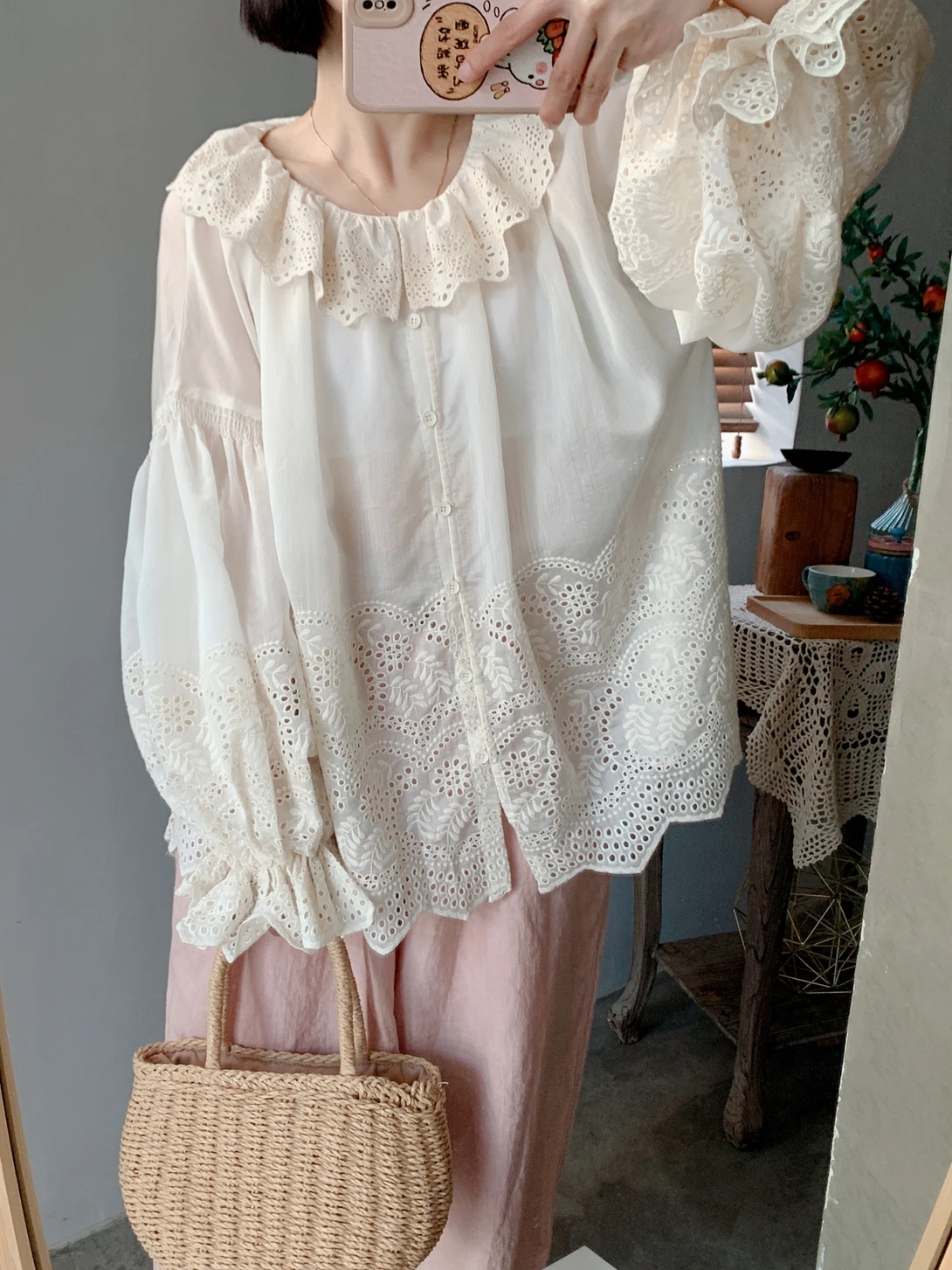 TIYIHAILEY Primavera Estate Ramie Top Donna Manica lunga a lanterna Tees Camicie stampate sottili Allentate 2 pezzi con usura interna Nuovo scollo a V