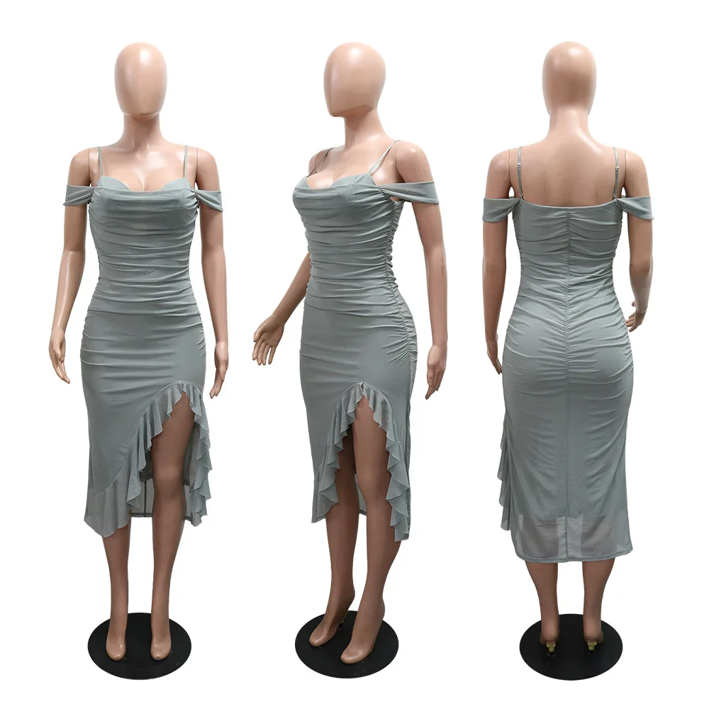 Damska sukienka midi bodycon z odkrytymi ramionami, na ramiączkach spaghetti, z warstwowymi marszczeniami i falbanami, idealna na wakacje, seksowna sukienka na imprezę, sukienki Vestidos 2025