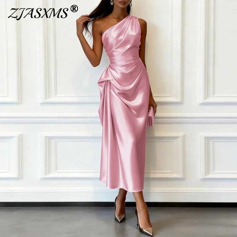 Robe d'été sexy asymétrique sans manches pour femme, en satin uni, taille haute plissée, élégante, dos nu, moulante, pour soirée