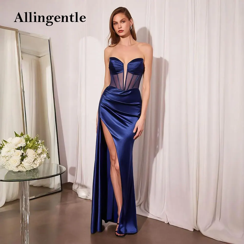 

Stunning Long Mermaid Prom Dresses with High Slit Sexy Sheer Waist Pleat Evening Dress Strapless Wedding Party Gowns Customized
