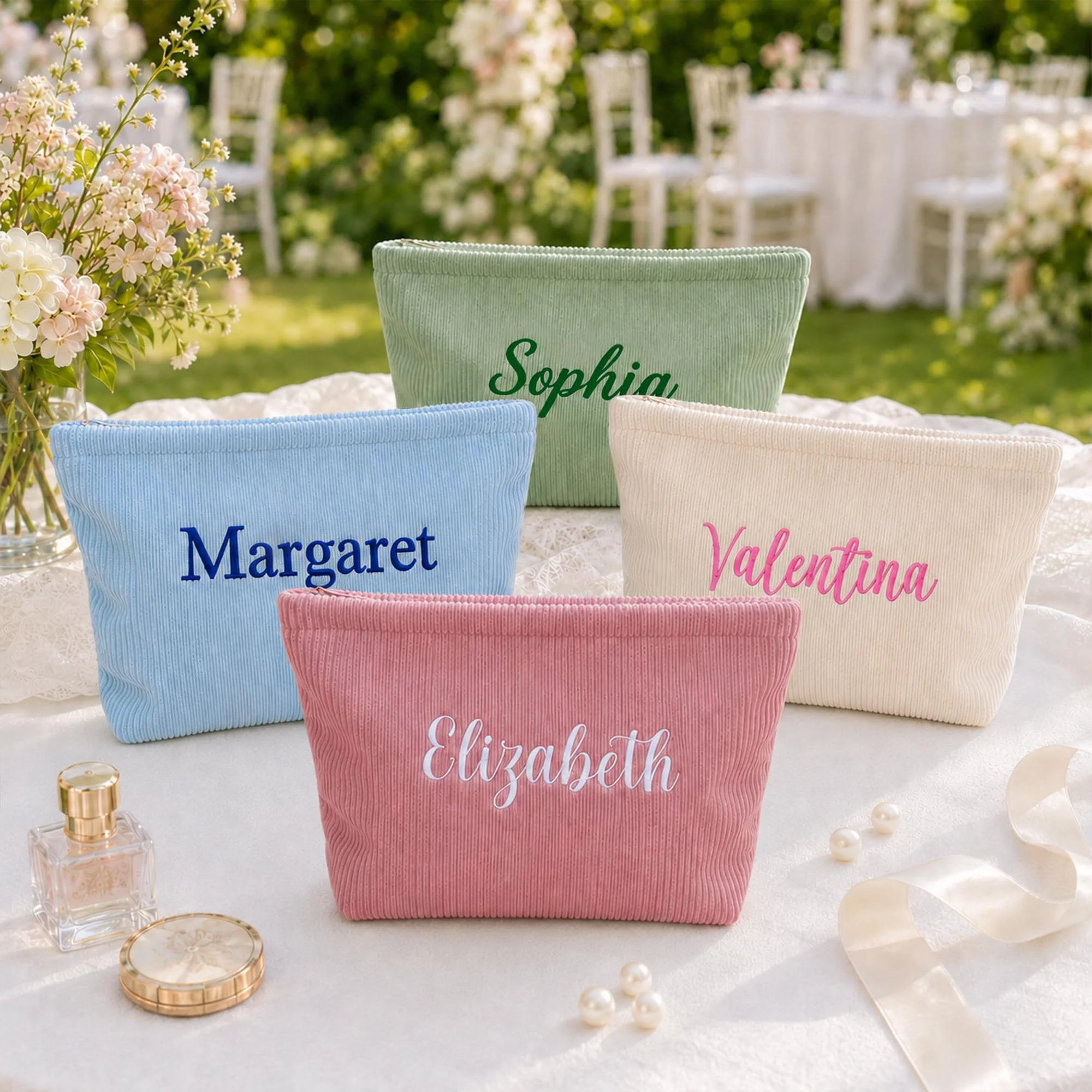 Personalized Corduroy Cosmetic Bag, Custom Embroidered Makeup Pouch, Bridesmaid Gift Women's Handbags Top-Handle Bags