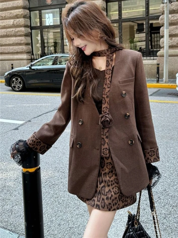 2026 Women Leopard Print Blazer Set with Sash V Neck Jacket and Skirt Elegant Office Lady Autumn Fashion Outfit