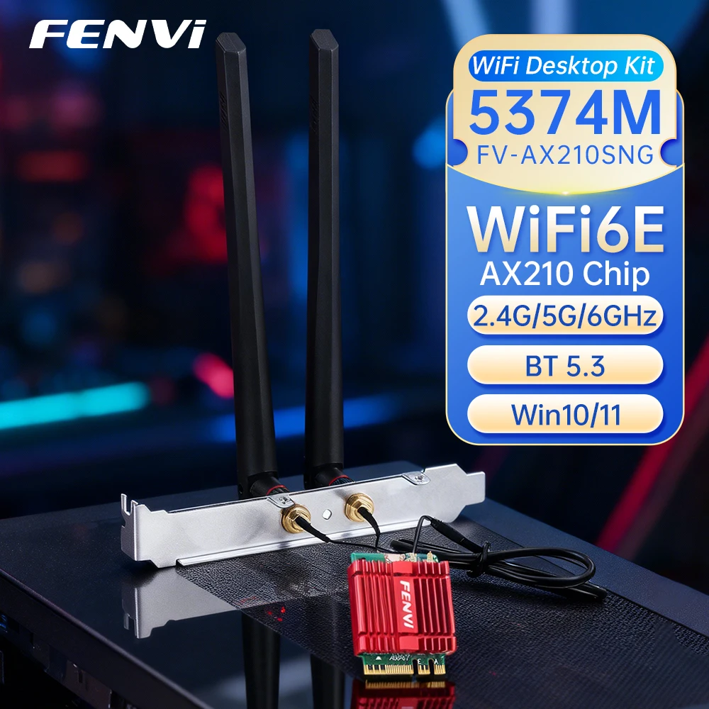 

FENVI Wi-Fi 6E AX210 M.2 WiFi Card Kit BT 5.3 Tri Band 2.4G/5Ghz/6Ghz 5374Mbps 802.11AX Wireless Network Card Laptop PC Win10/11
