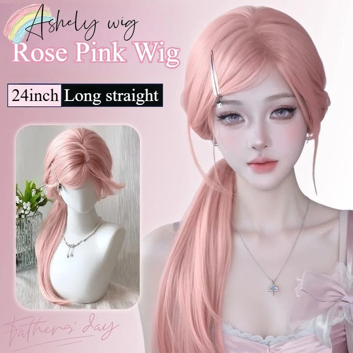 Ashely Pink Wig for Women 24inch Long Straight Hair Wig High Temperature Fibers Lolita Cute Rose Pink Synthetic Headband Wigs 가발