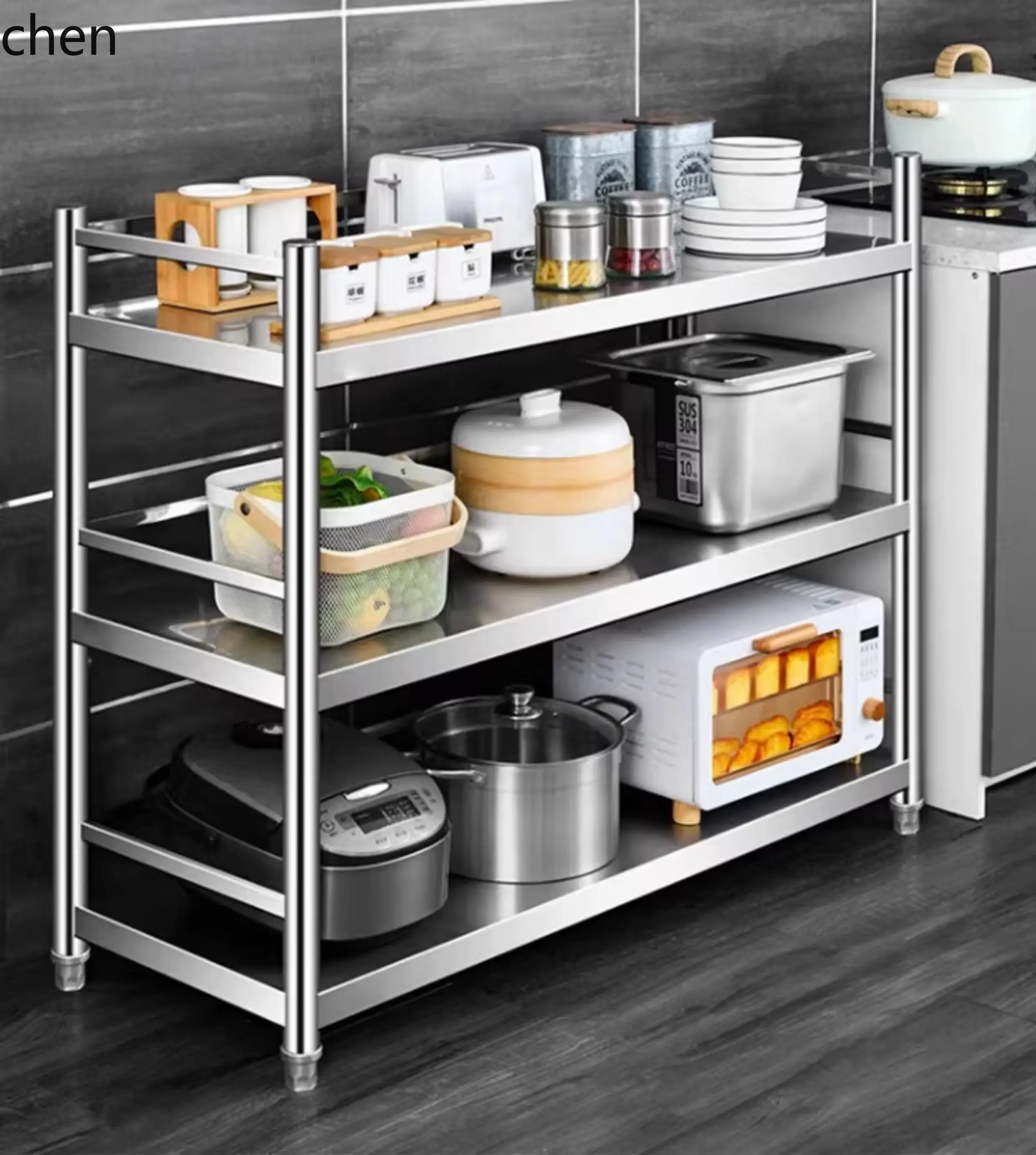 

YXY Kitchen Storage Rack 304 Stainless Steel Shelf Multi-Functional Storage Floor Microwave Oven with Fence