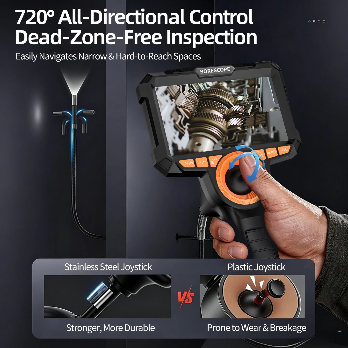 720° All-Directional Articulating Borescope Stainless Steel Joystick HD Screen IP67 Waterproof Car Engine Pipe Inspection Camera