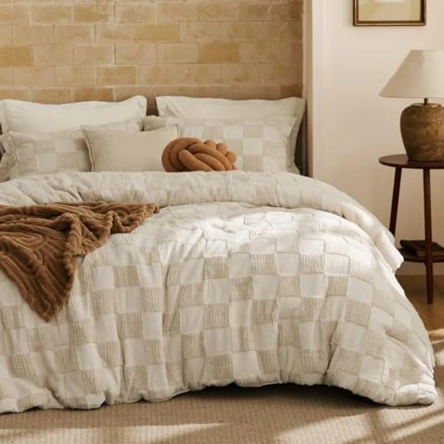 

Size Comforter Set Beige, Boho Tufted Bed Set, Checkered Farmhouse-Style Distressed Vintage Bedding, 3 Pieces, 1 Plaid Geometri