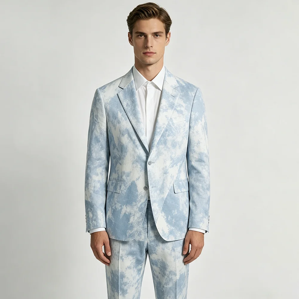 Chic Men Tie‑Dye Denim Suit Set Notched Lapel Single Breasted Blazer Pants 2 Pieces Casual Party Office Matching Male Outfit