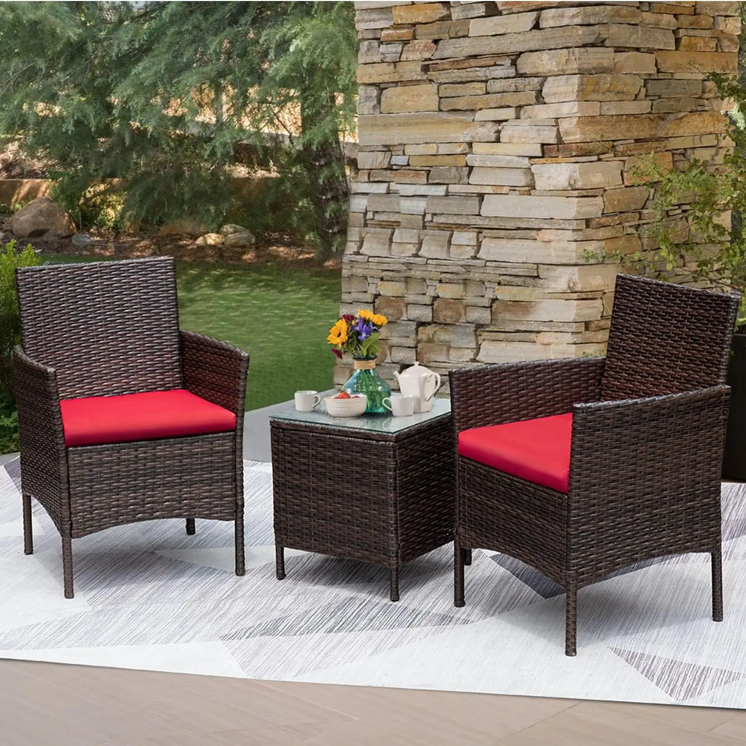 3 Pieces Patio Furniture Sets Outdoor PE Rattan Wicker Chairs with Soft Cushion and Glass Coffee Table