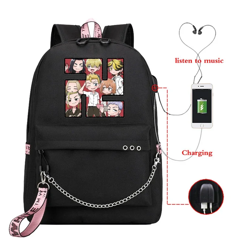 Tokyo Revengers Chifuyu Matsuno Mikey Sano Manjiro Anime USB Backpack School Bookbag Black Chain Backpack Tokyo Manji Anime Bags