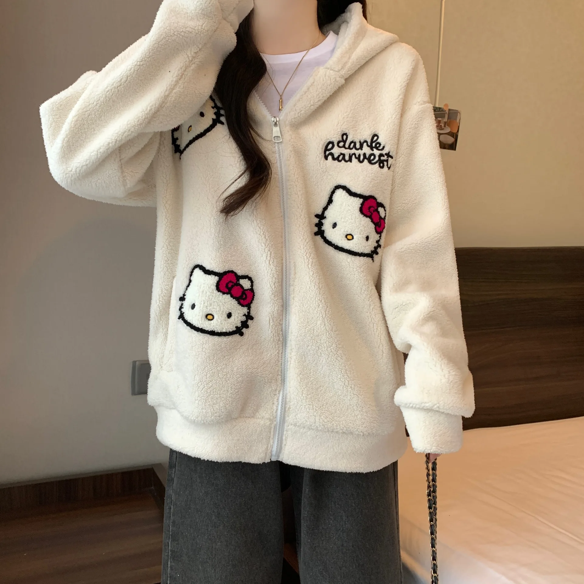 Kawaii Sanrio Hello Kitty Cartoon Zipper Hoodie Girls Winter Lamb Fleece Warm Cardigan Cute Anime Y2K Embroidered Coat Girl Gift