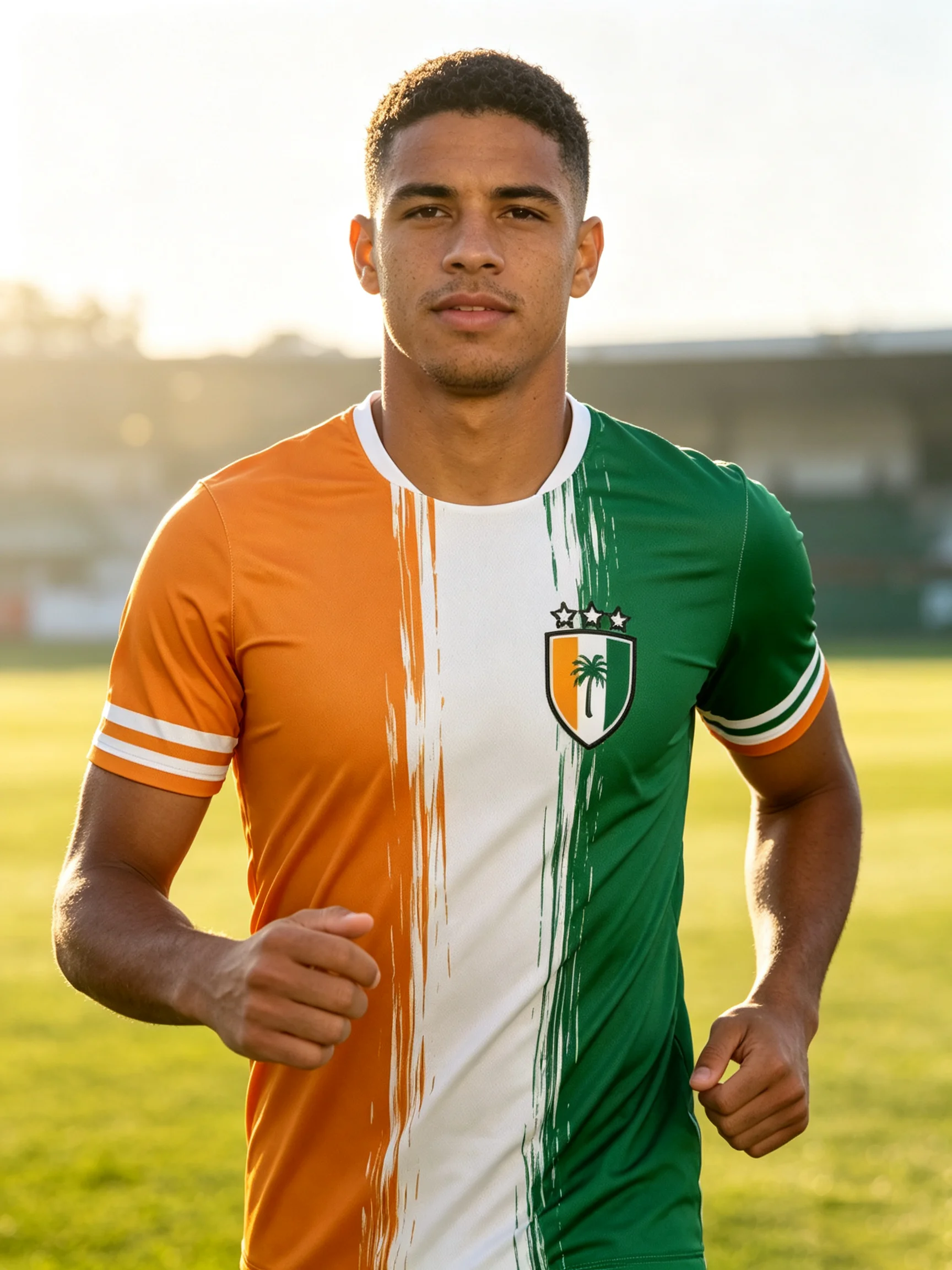 Côte d'Ivoire soccer jersey with brush‑stroke vertical tricolor stripes and palm‑shield emblem full of national football passion