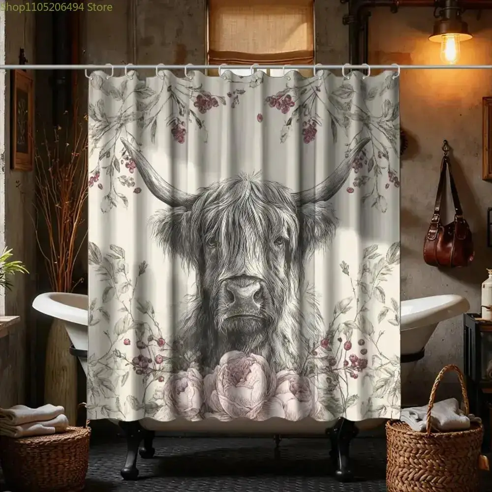 

1pc Bathroom Shower Curtain, Creative Collage Art, Year of the Ox Festival Shower Curtain, Includes 12 Hooks, 180*180cm Bathro