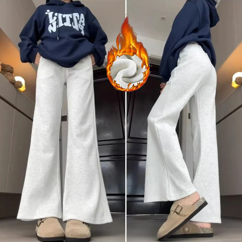 Winter-Damen-Schneehose aus warmem Samt, ausgestellte Hosen für Mädchen, koreanische klassische High-Waist-Slim-Fit-Hosen, Damen-Thermo-Fleecehosen in Uni-Farben
