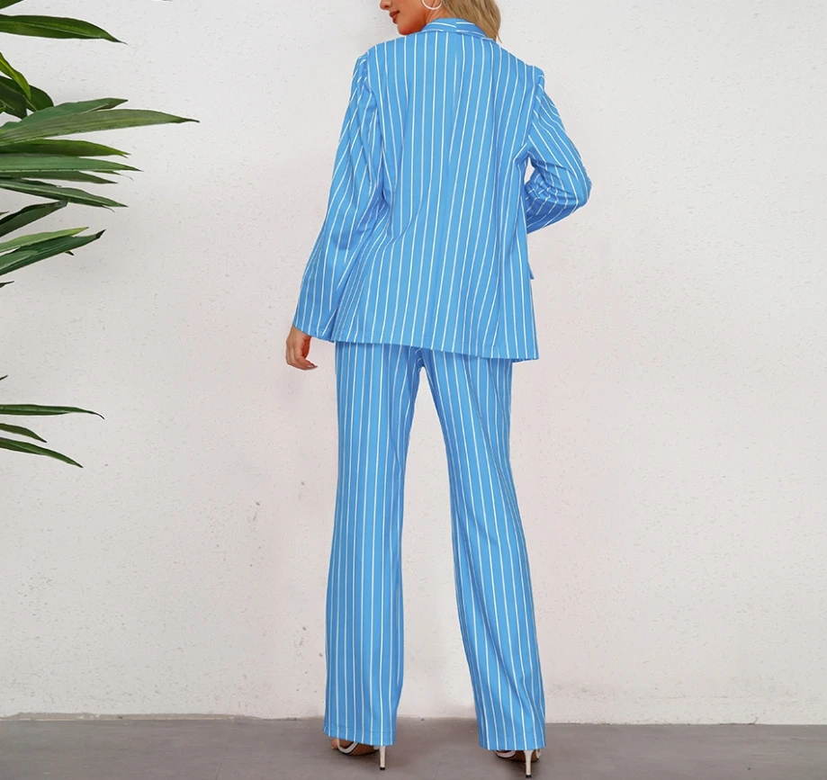 100pcs in stock women's fashionable casual striped suit jacket straight leg wide leg pants suit set (Ships within 48 hours)