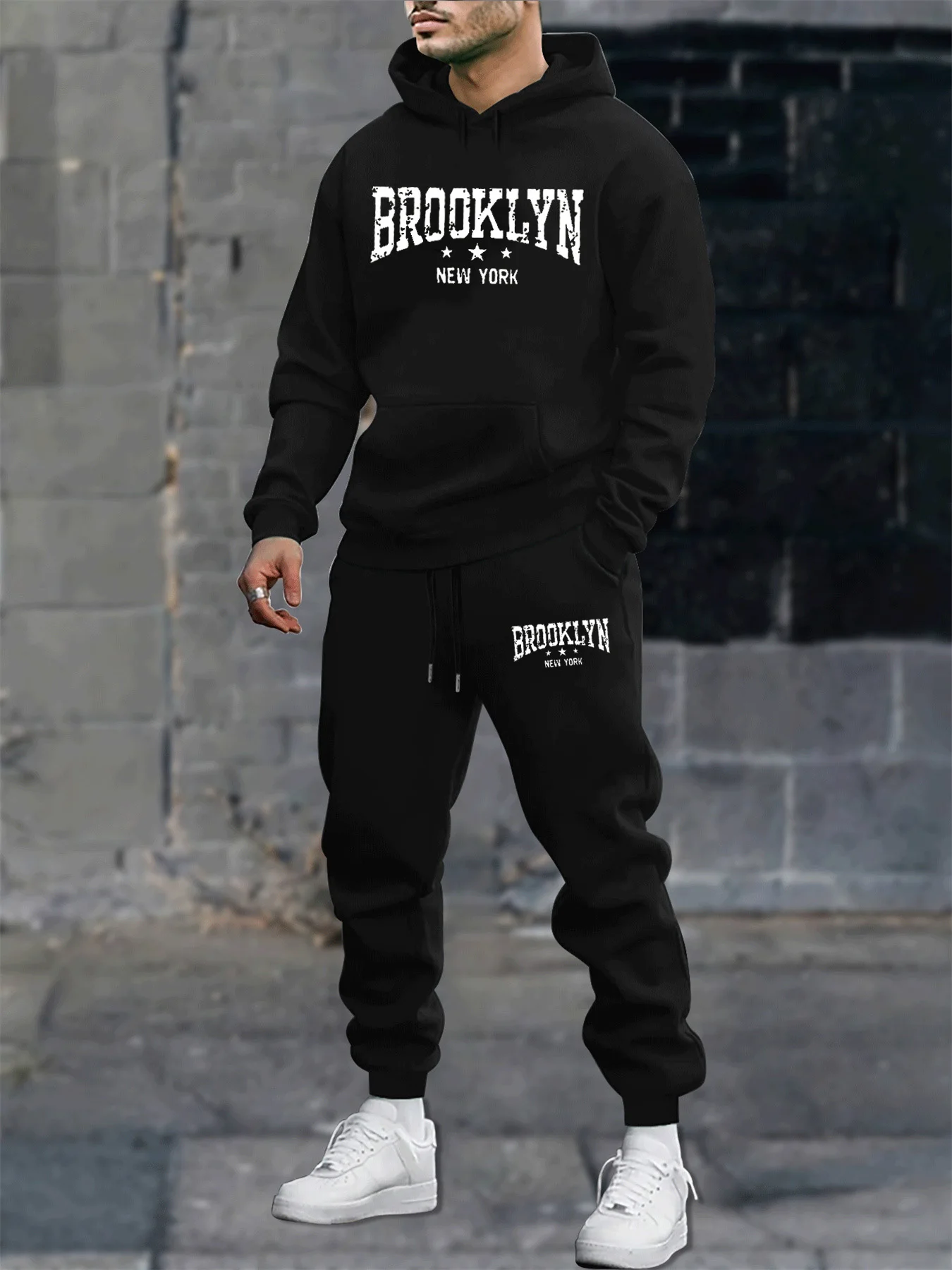 

Men's autumn and winter casual fashion warm Brooklyn New York letter printed loose plush thick hooded sweatshirt+sweatpants set