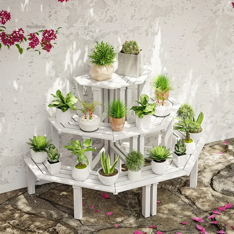 #Outdoor Antiseptic Wood Plant Shelves Garden Balcony Corner Flower stand Multi-layer Ladder Corner Succulent Plant Display Rack