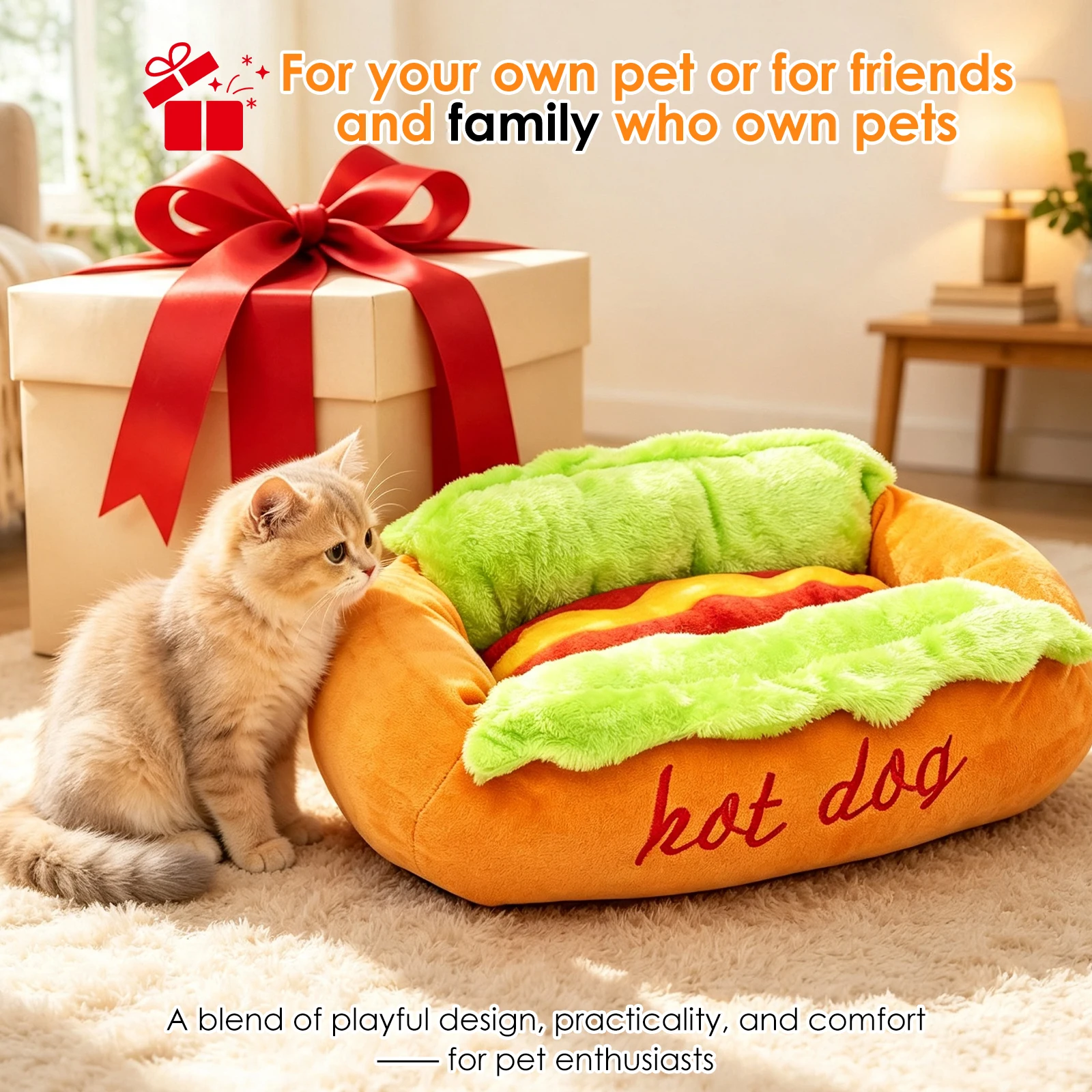 Hot Dog Design Pet Bed Soft Plush Dog Cat Sleeping Mat Removable Washable Pet Bun Sofa Bed