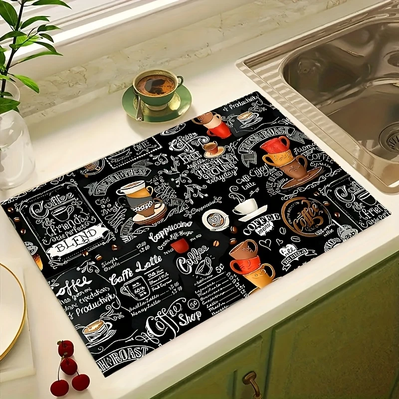 VIKAMA Chalkboard-Style Coffee-Themed Bar Mat, Coffee Machine Drip Mat, American Retro-Style Kitchen Countertop Non-Slip Mat