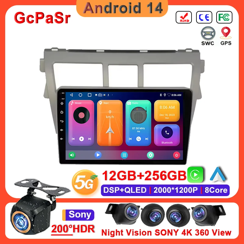 9 inch Android 14 Carplay Auto Car Radio For Toyota Vios Yaris 2007 2008 - 2012 Stereo Head Unit Auto Radio QLED Screen Dash Cam