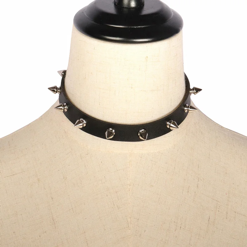 Emo Spike Choker Punk Collar Female Women Men Black Leather Studded Rivets Chocker Necklace Goth Jewelry Gothic Accessories