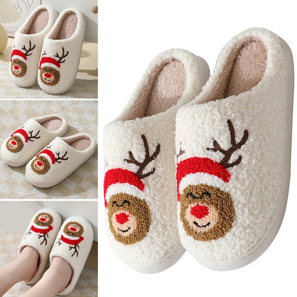 

Christmas Fuzzy Indoor Slippers Cozy Elk Fluffy Fur Slippers Soft Plush Closed Toe Slippers Thick Sole for Winter Indoor
