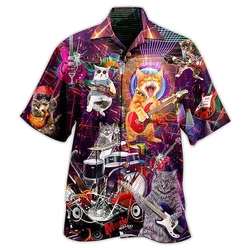 Camisas con estampado de gato y guitarra para hombre, camisas con solapa transpirables de verano, camisas informales de playa con una botonadura, camisas de manga corta para hombre