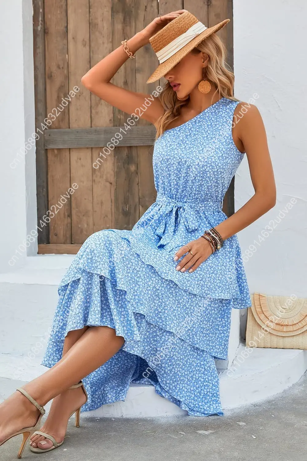 Vestido veraniego floral de verano para mujer, informal, con un hombro, con volantes escalonados, fluido, midi, vestidos bohemios de playa