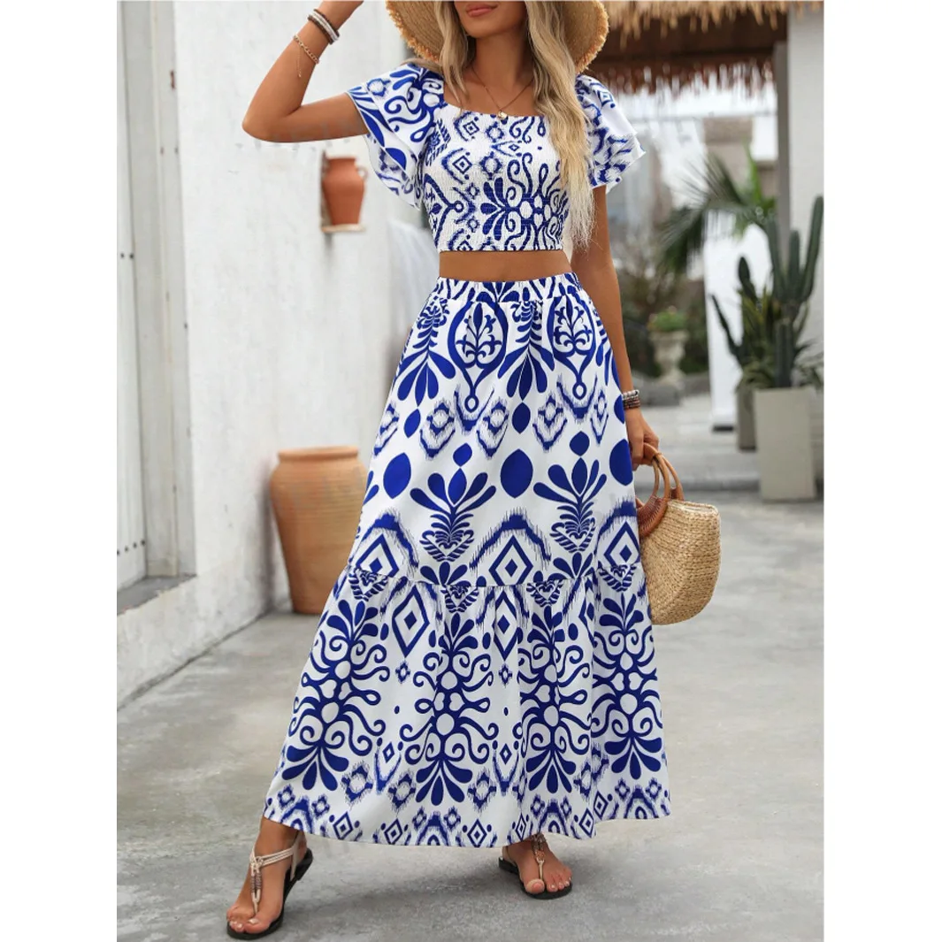

2025 New European And American Leisure Holidaya 2-piece Women's Vacation Printed Dress