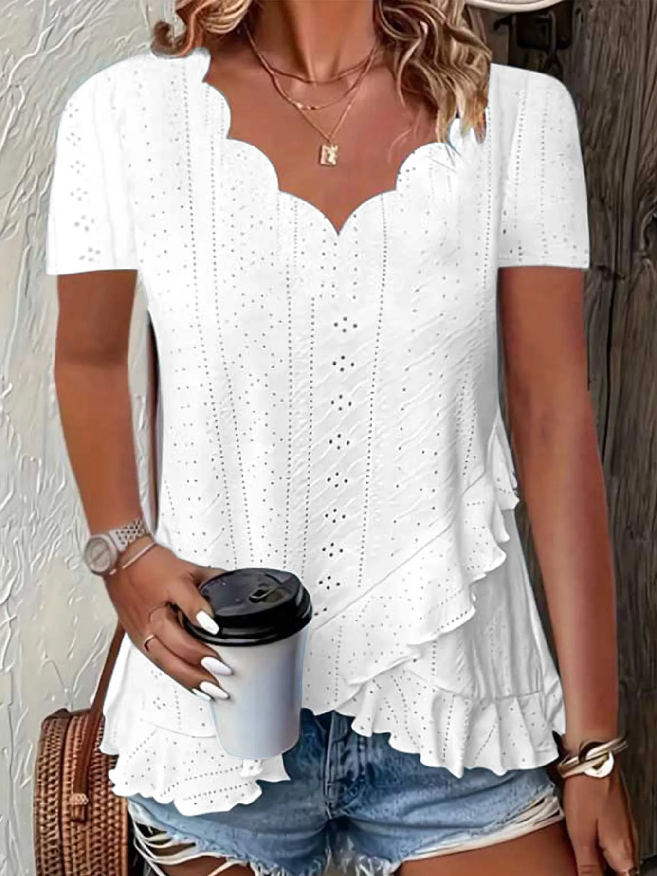 Damenmode, lässig, Rüschenkragen, kurze Ärmel, asymmetrischer Saum, Top-T-Shirt