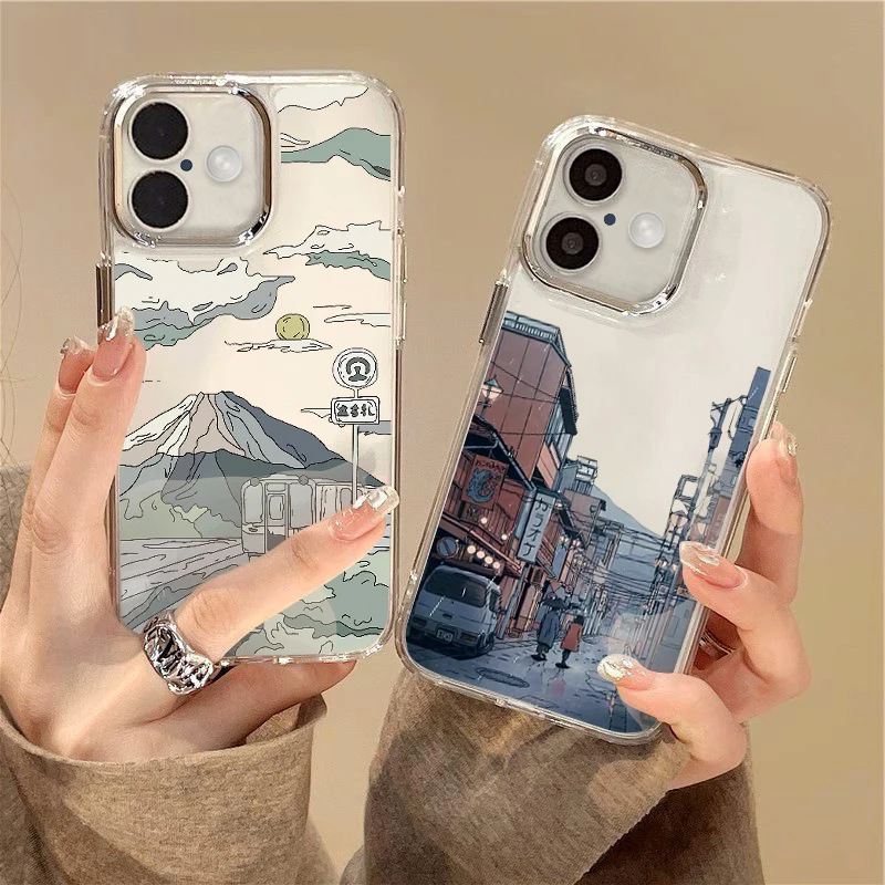 Custodia Fujiyama Anime Town Print per iPhone 15 Pro Max Coque iPhone 11 12 13 14 16 Pro Max placcatura cornice per lenti Cover in Silicone trasparente