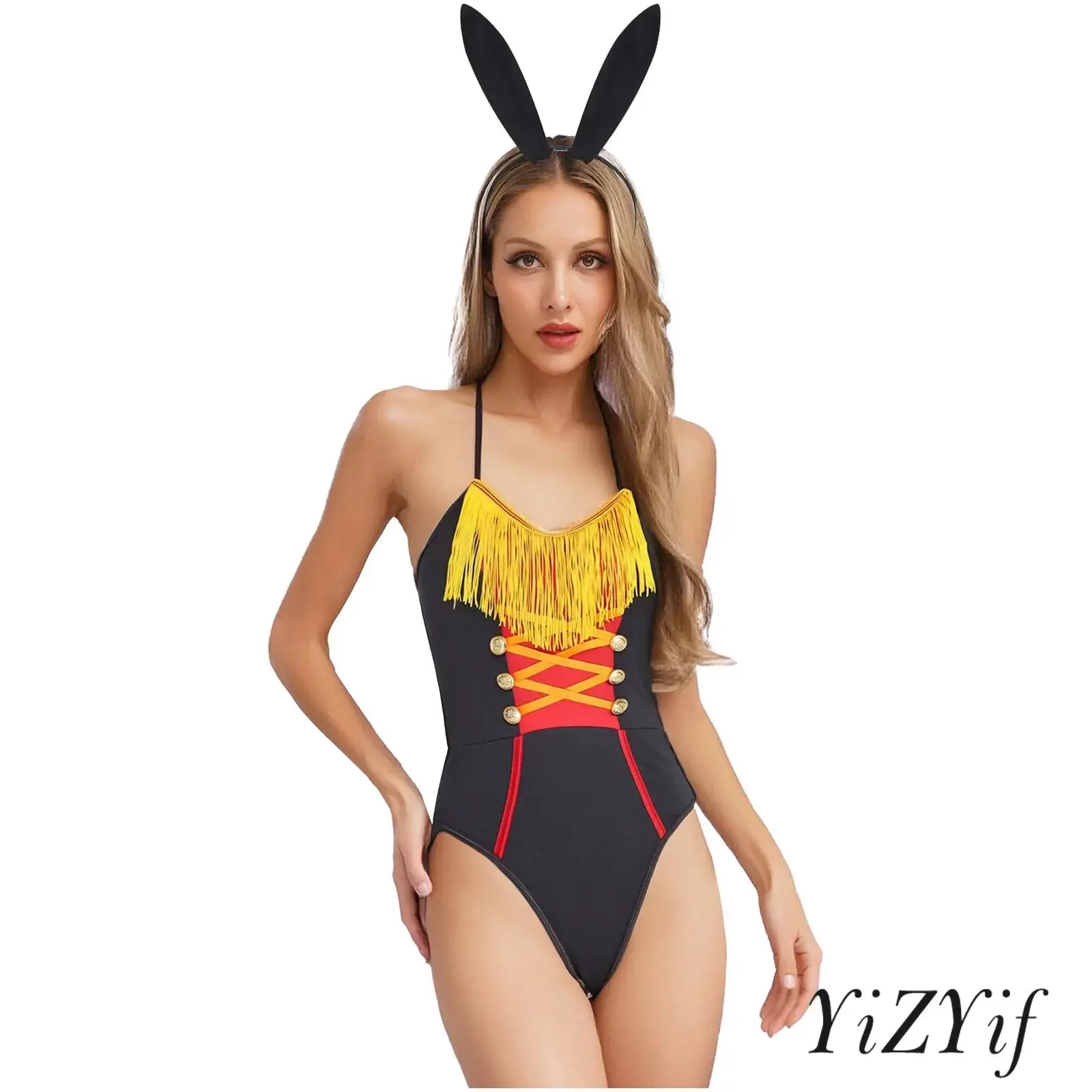 

Womens Bunny Cosplay Bodysuit And Headwear Lace-up Halter Tassel Swallowtail Leotard for Halloween Circus Honor Guard Dress-up