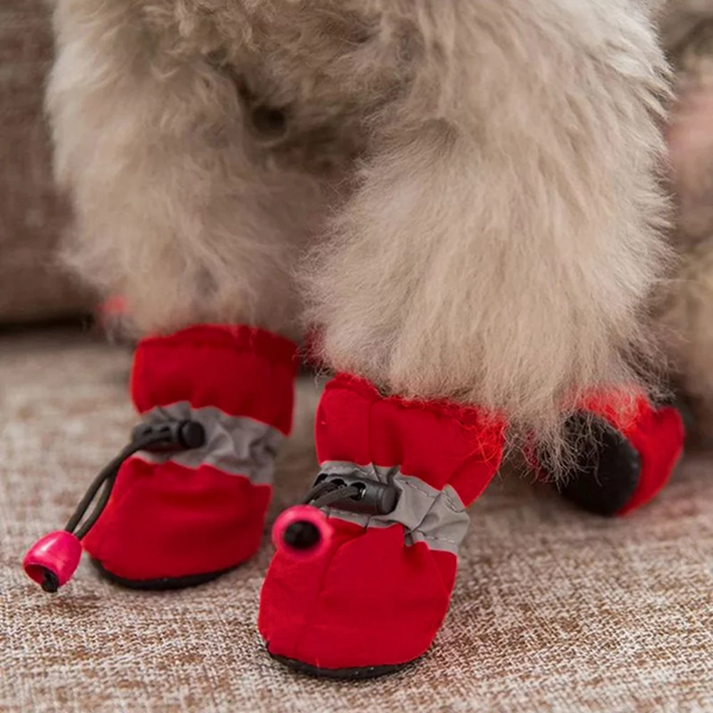 Dog Shoes Dog Boots Paw Protector Anti-Slip Sole Winter Dog Booties with Fleece Linen Dog Snow Boots for Small Medium Dogs 4pcs