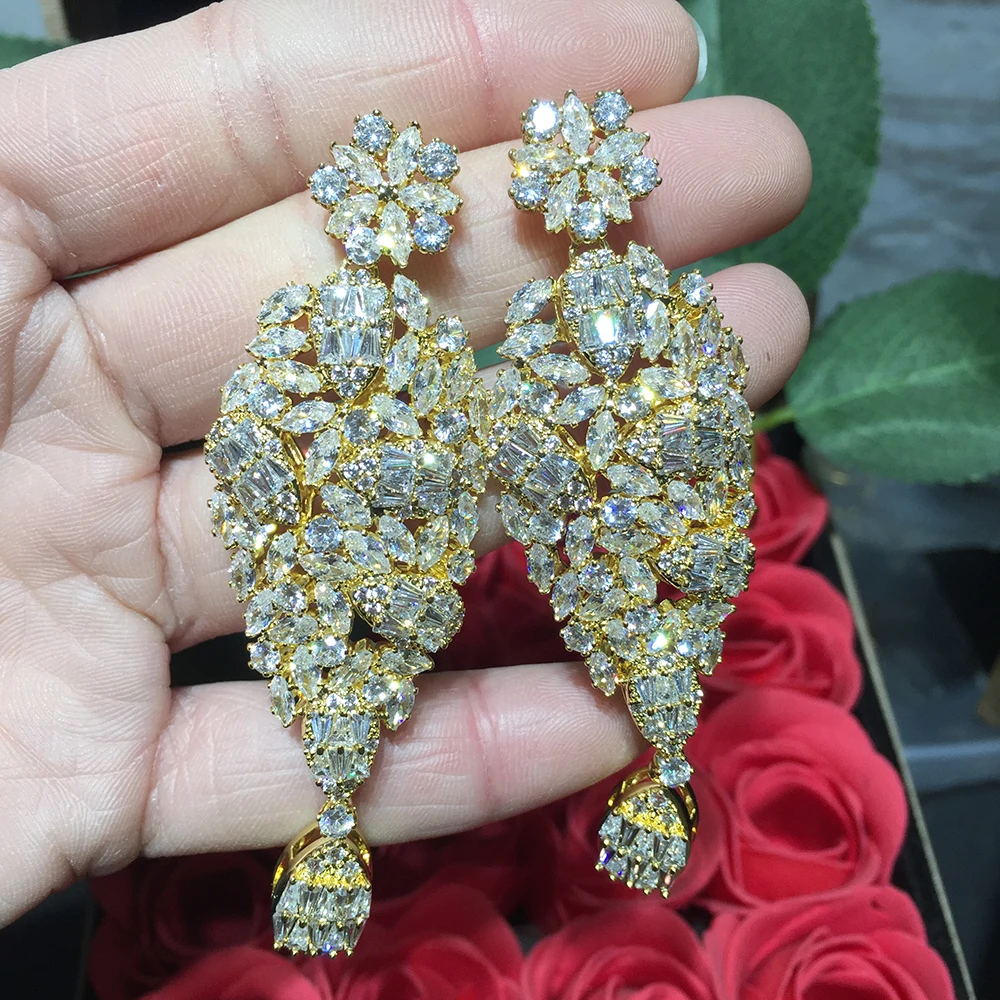 HIBRIDE Luxury Geomatric Cubic Zirconia Big Drop Earrings For Women Wedding Accessories Shinning Bridal Earrings bijoux E-1050