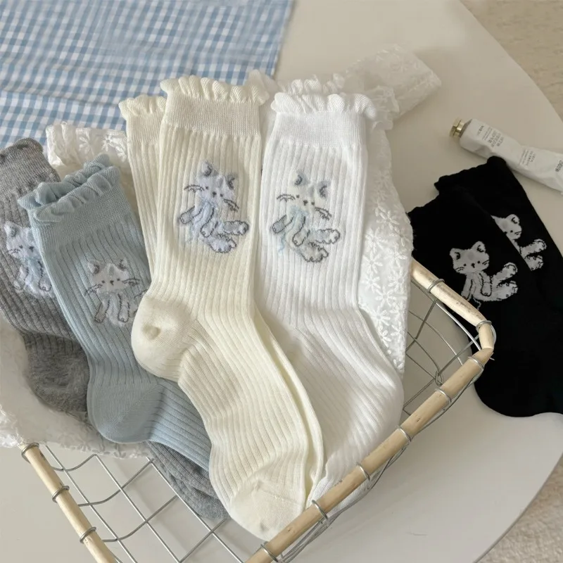 1/5 Paar süße Pilz-Spitzensocken für Damen, Frühling und Herbst, dünne, niedliche Cartoon-lange Socken, elegante, einfache Damen-Mid-Tube-Socken