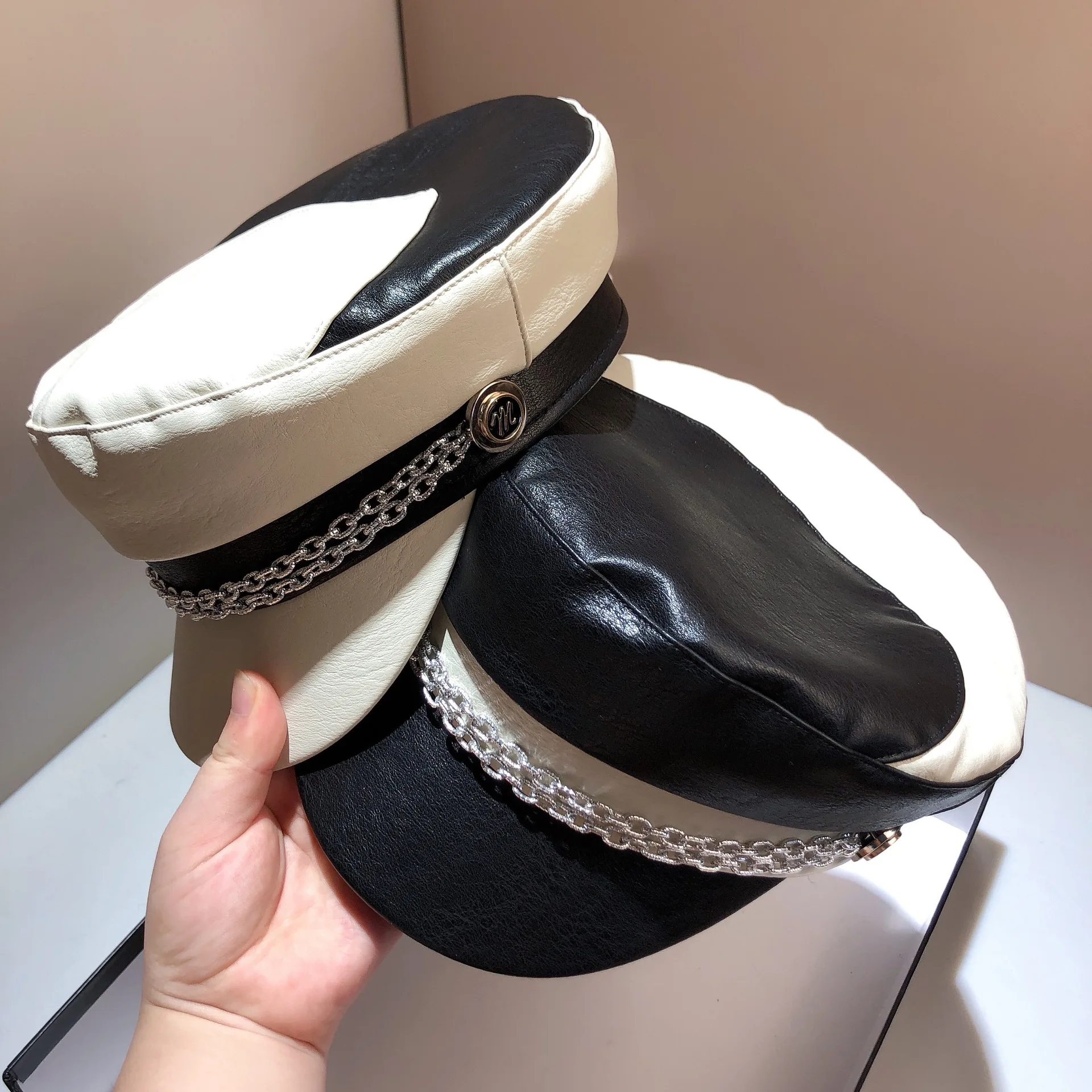 

Punk wild black and white contrast color navy hat fashion metal chain leather hat octagonal hat