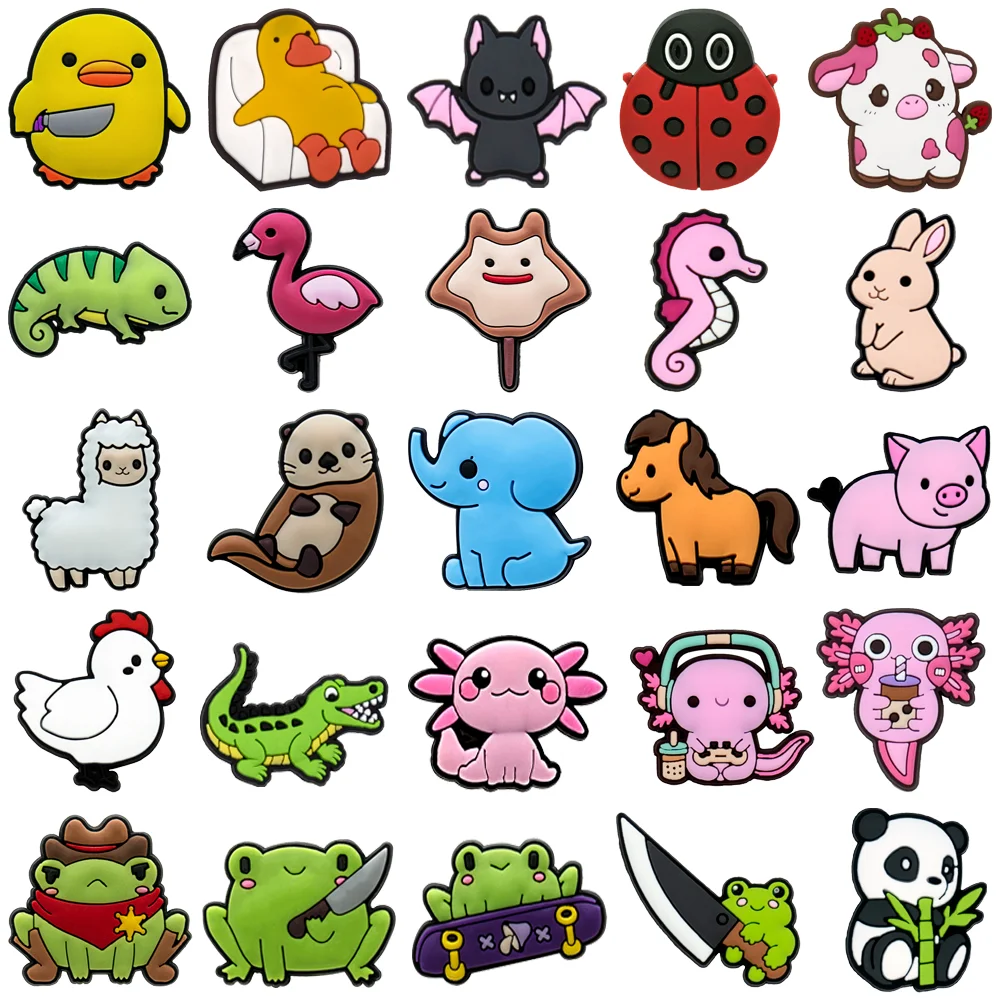 1-25PCS Kawaii Animal Shoe Charms , Salamander Duck Pins Accessories for Sandals, Cow Frog Panda Shoe Clogs Decorations