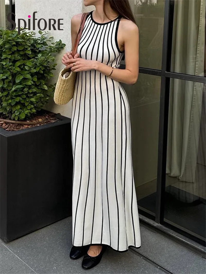 

Spifore New Fashion Striped Maxi Dress For Women O Neck Sleeveless Slim Vestidos Autumn Winter Elegant Knitted Casual Lady Dress