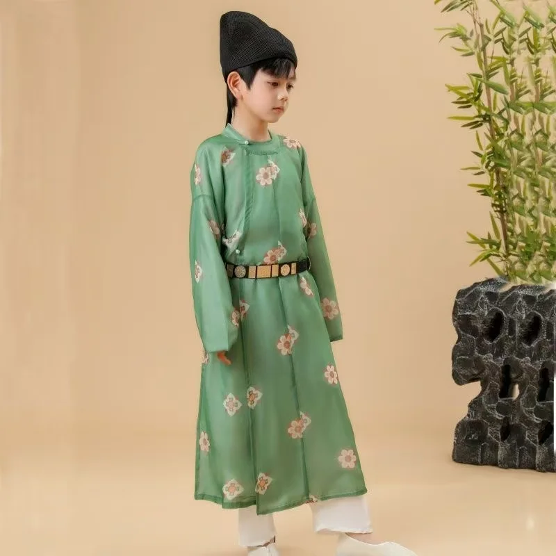 Estilo palácio de verão crianças hanfu tradicional chinês em torno do pescoço robe respirável fino verde palco mostrar roupas meninos tang terno