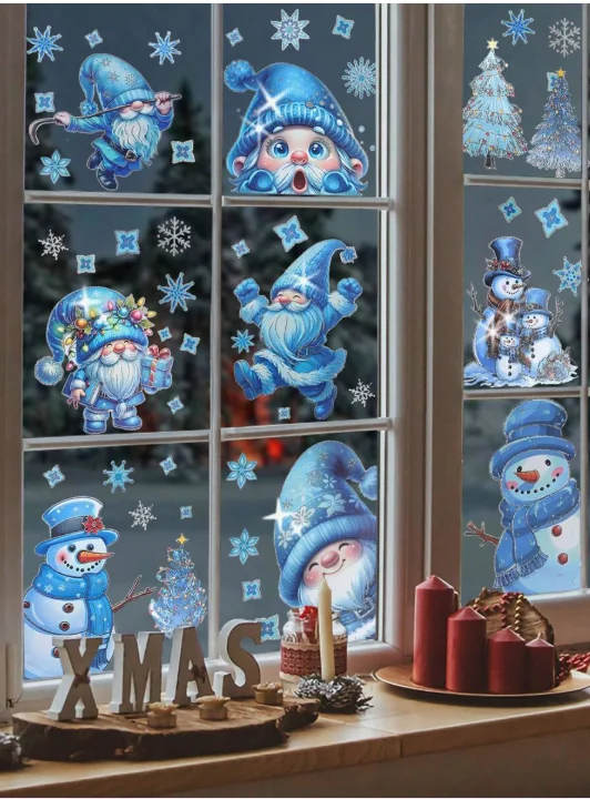132 Stück glitzernde, statische Fensteraufkleber, Weihnachtsmann-Schneemann-Schneeflocken-Designs, abnehmbare Weihnachtsdekoration für Glastüren zu Hause