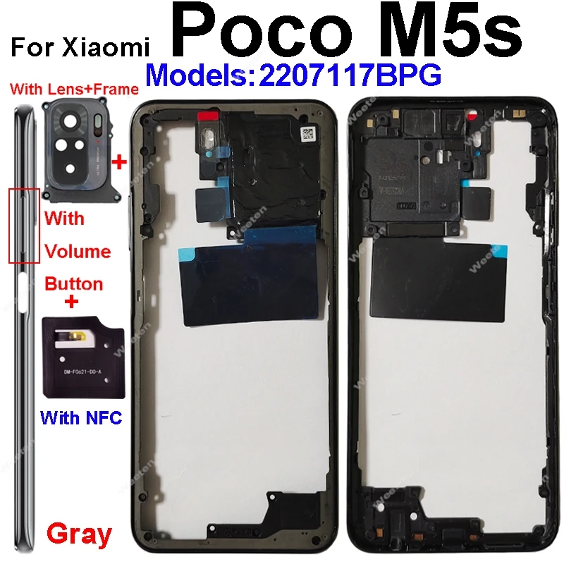 Middle Housing For Xiaomi Poco M5s With NFC Back Cover Housing Front Frame Chassis with Volume Buttons Replacement Repair Parts