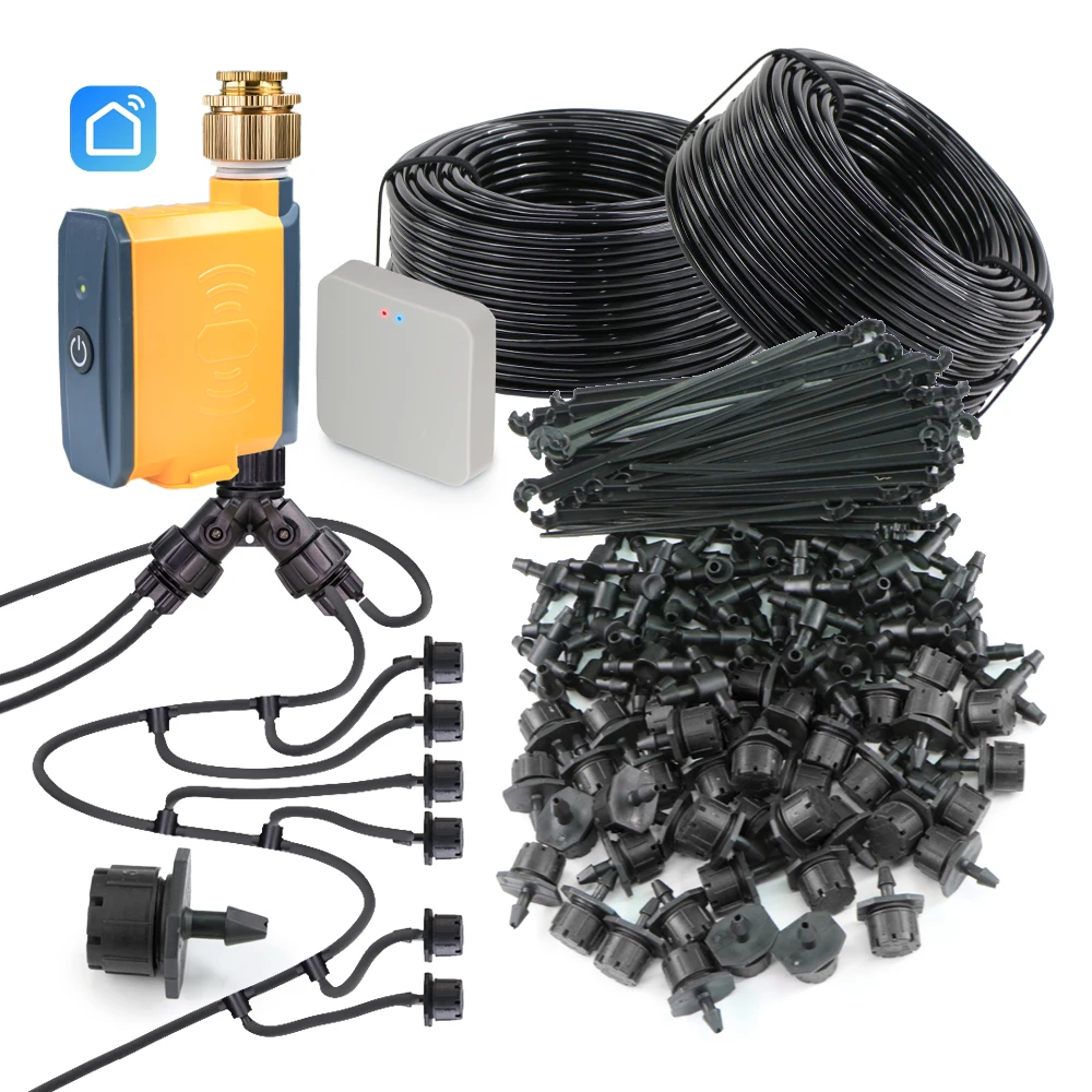 

4-сторонняя система орошения сада Zigbee, регулируемый комплект для капельного полива, приложение Tuya Smartlife, совместимый с таймером, контроллер, тройник для шланга 1/4 дюйма