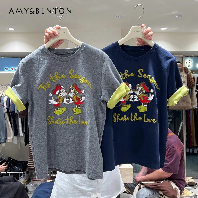 

Женская утолщенная матовая футболка с короткими рукавами, осенне-зимняя тяжелая футболка с мультяшной вышивкой, милые возрастные футболки с отложными рукавами