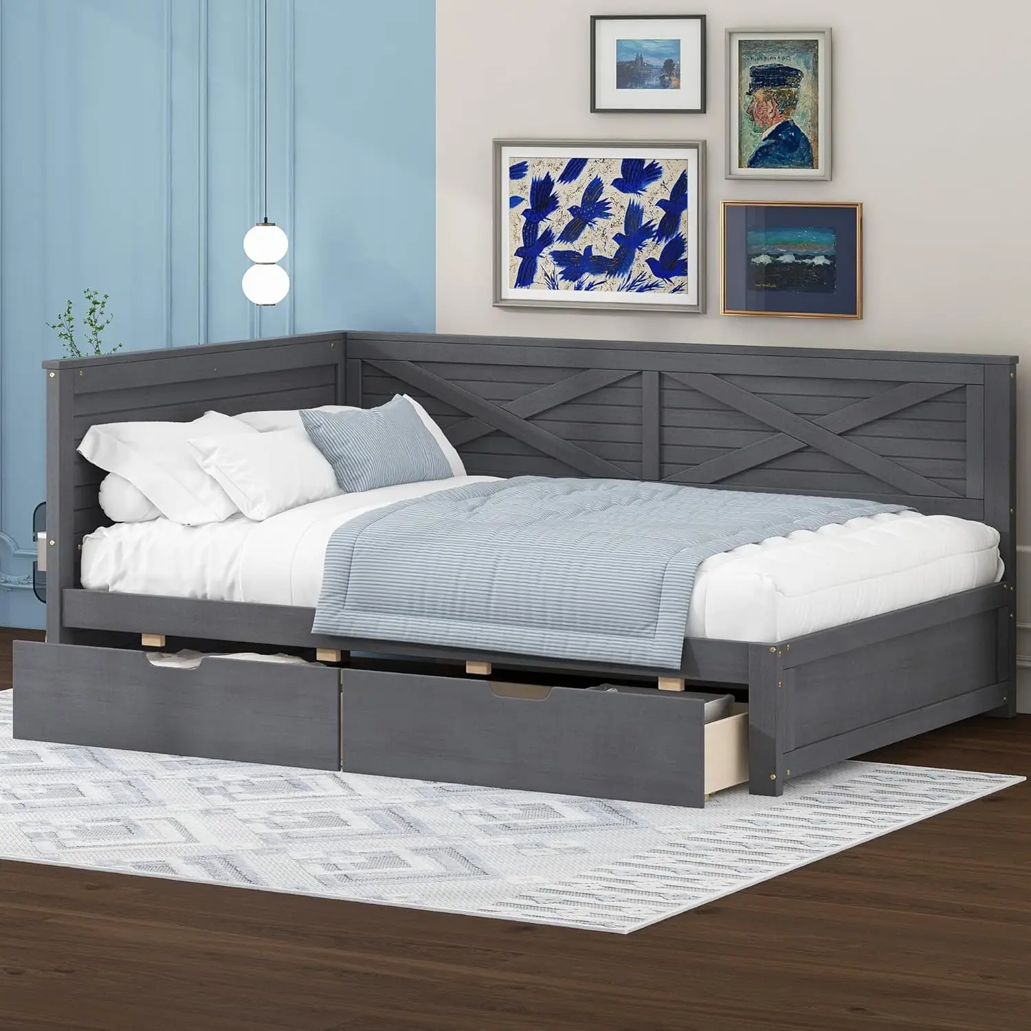 

Twin Size Daybed with 2 Storage Drawers, Rustic Style Solid Wood Corner Bed Frame with Slatpromote sales