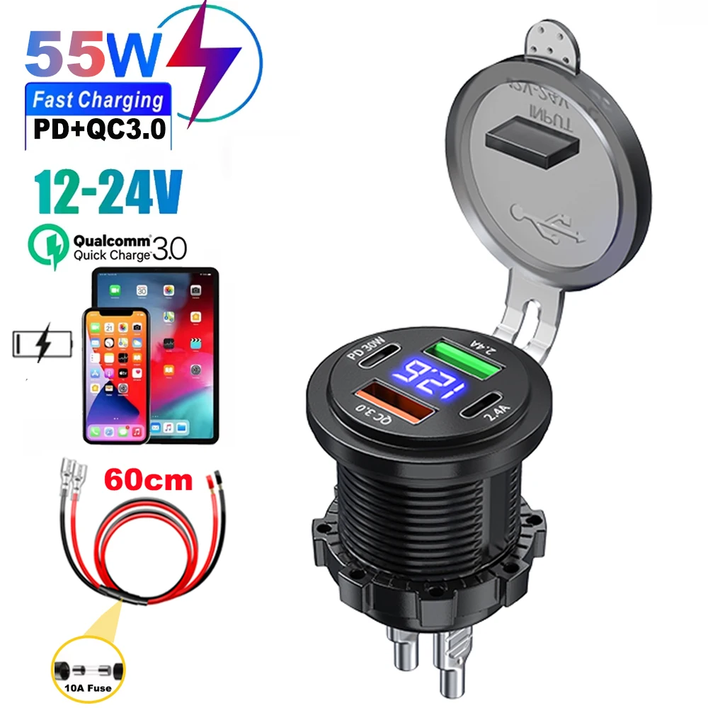 2/4 Port PD QC 3.0 USB Car Charger with Voltmeter Socket Power Outlet Adapter Waterproof  For 12V/24V Car Boat Motorcycle