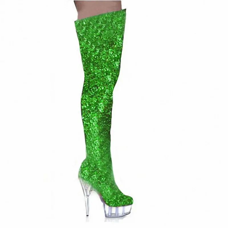 Women's Boots Over The Knee New Nightclub Style European and American Crystal Pole Dance Boots 15CM Stiletto Women Shoes Purple image 6