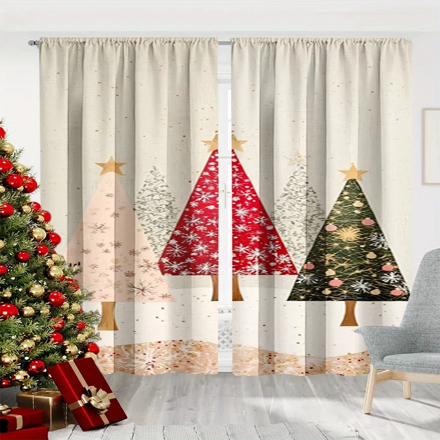 2PCS Christmas Winter Curtains, Minimalist Three Christmas Tree Snow Beige, Digital Print, Bedroom Living Room, Home Decor