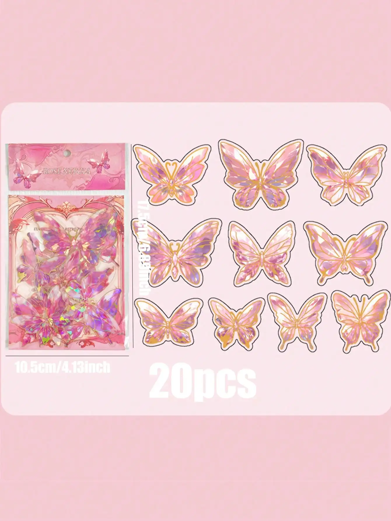 20-Pack Crystal Butterfly PET Stickers Rainbow Gold Series Journal Decor School Supplies Creative Multi-Purpose Decor Stickers